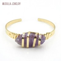 Gold Crystal Jewelry Amethyst Crystal Wire Wrapped Free Form Nugget Gold Plated Raw Amethyst Crystal Bangle