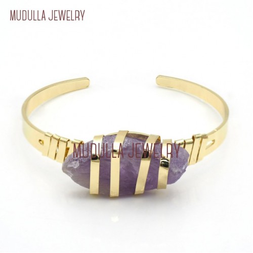 Gold Crystal Jewelry Amethyst Crystal Wire Wrapped Free Form Nugget Gold Plated Raw Amethyst Crystal Bangle