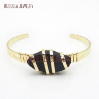 Gold Cuff Bangle Bracelet Gold Plated Black Tourmaline Raw Quartz Wire Wrapped Free Form Nugget Bangle