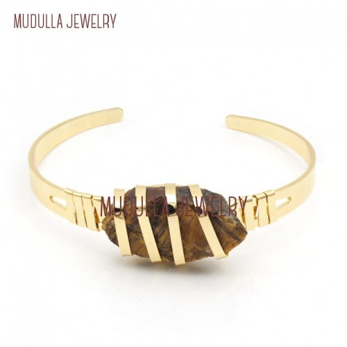 Jewelry Wire Bangle Bracelet Gold Plated Wire Wrapped Free Form Nugget Gold Plated Tiger Eye Stone Bangle