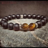 Black Jewelry Beaded Bracelets Stone Coin Shape Black Silver Plated Tiger Eye Stone Onyx Beaded Bracelet