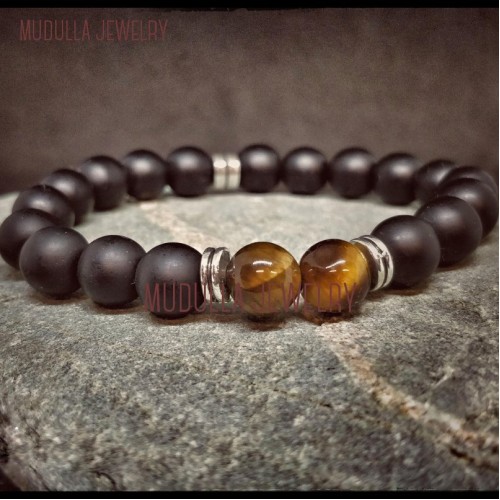 Black Jewelry Beaded Bracelets Stone Coin Shape Black Silver Plated Tiger Eye Stone Onyx Beaded Bracelet