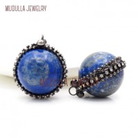 Stone Ball Pendant Antique Lapis Pendant Soldered Ball Antique Silver Plated Lapis Lazuli Stone Pendant