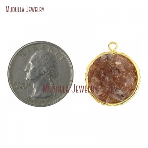 Gold Plated Jewelry Quartz Pendant Round Pendant Coin Shape Gold Plated Stawberry Quartz Pendant