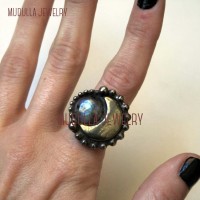 Antique Rings Pyrite Crescent Moon And Rainbow Labradorite Ring Pyrite Crystal Labradorite Statement Ring