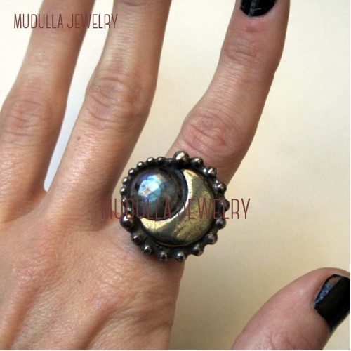 Antique Rings Pyrite Crescent Moon And Rainbow Labradorite Ring Pyrite Crystal Labradorite Statement Ring