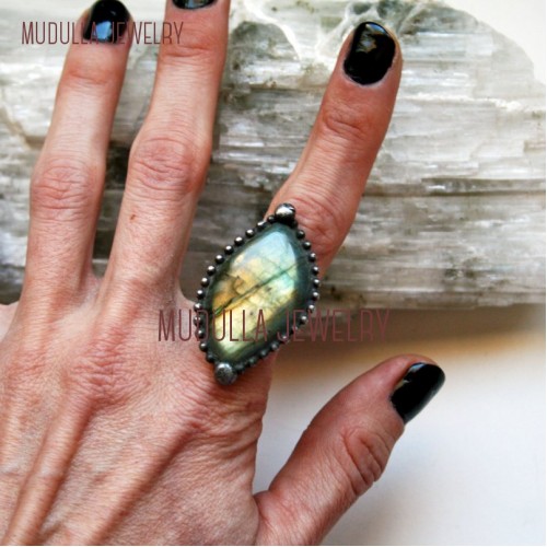 Rainbow Labradorite Ring Big Blue Gold Rainbow Labradorite Adjustable Ring Teardrop Marquis Labradorite Ring