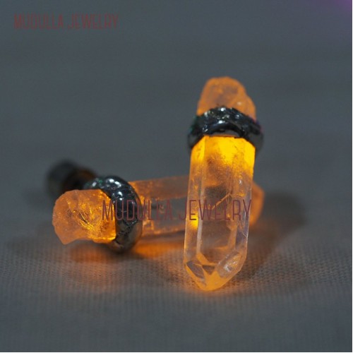 Crystal Studs Quartz Earrings Raw Quartz Light Up Soldered Pillar Point Yellow Clear Crystal Stud Earrings